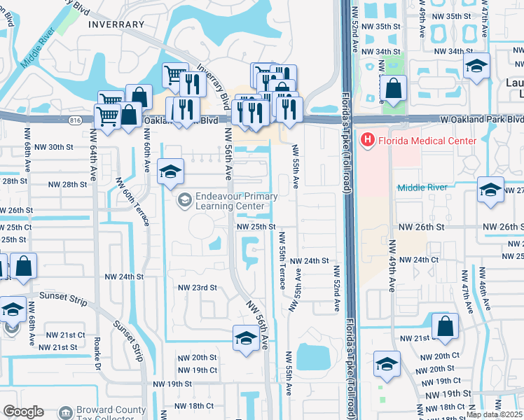 map of restaurants, bars, coffee shops, grocery stores, and more near 2580 Northwest 56th Avenue in Lauderhill
