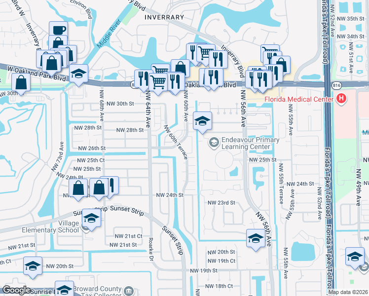 map of restaurants, bars, coffee shops, grocery stores, and more near 2651 Northwest 60th Way in Sunrise