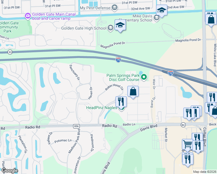 map of restaurants, bars, coffee shops, grocery stores, and more near 399 Robin Hood Cir in Naples