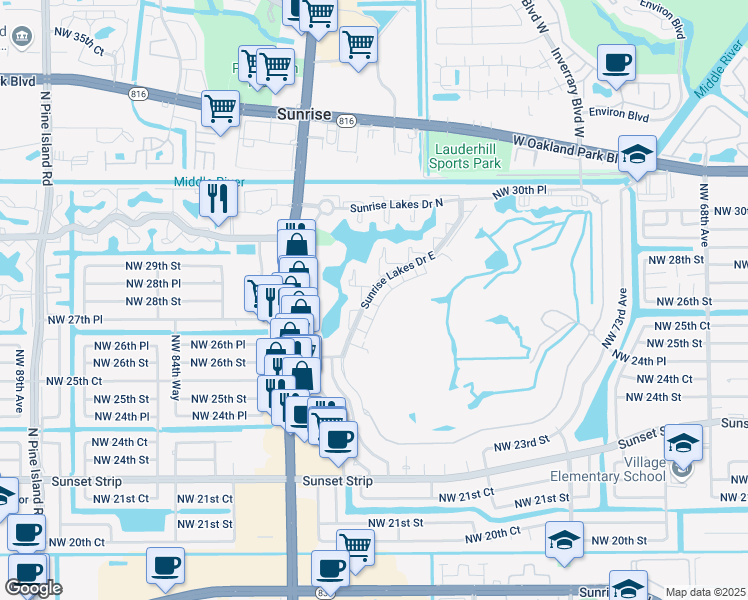 map of restaurants, bars, coffee shops, grocery stores, and more near 8033 Northwest 28th Street in Sunrise