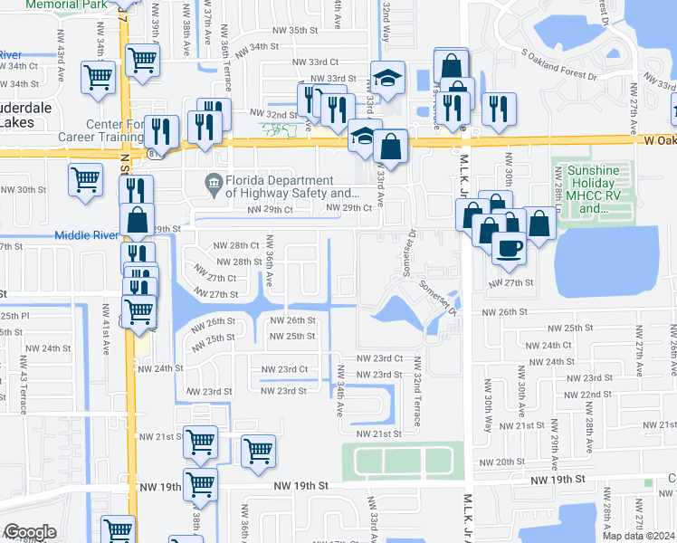map of restaurants, bars, coffee shops, grocery stores, and more near 3411 Willow Court in Lauderdale Lakes