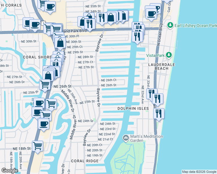 map of restaurants, bars, coffee shops, grocery stores, and more near 2848 Northeast 26th Street in Fort Lauderdale