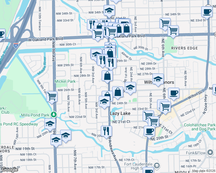 map of restaurants, bars, coffee shops, grocery stores, and more near 2639 North Andrews Avenue in Wilton Manors