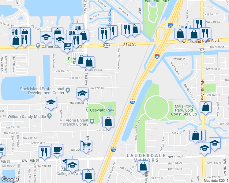 map of restaurants, bars, coffee shops, grocery stores, and more near 1840 Northwest 27th Street in Oakland Park