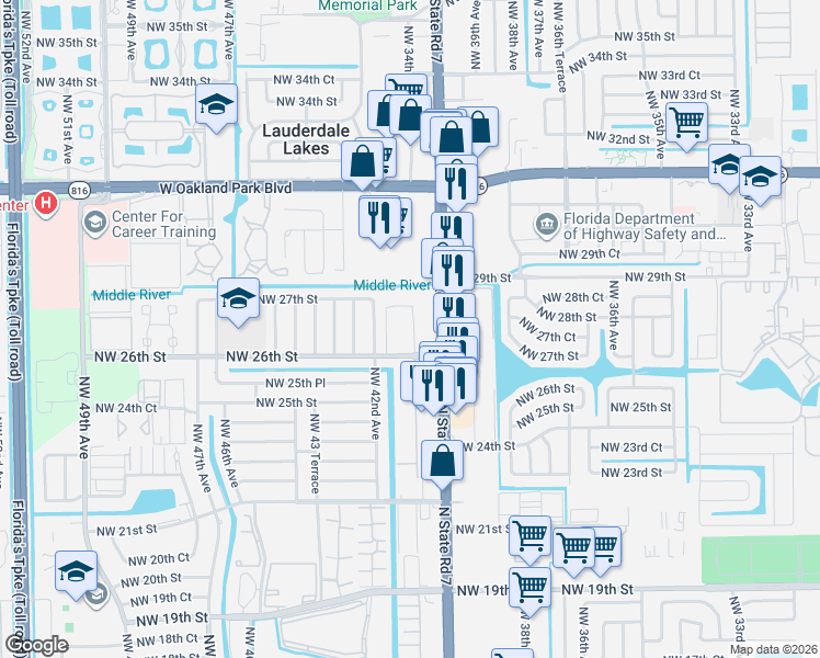 map of restaurants, bars, coffee shops, grocery stores, and more near 4161 Northwest 26th Street in Lauderhill