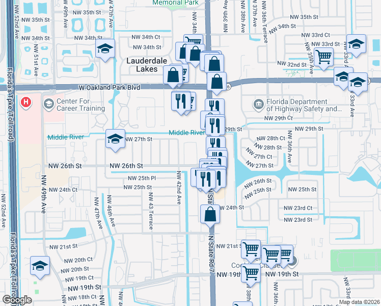 map of restaurants, bars, coffee shops, grocery stores, and more near 4161 Northwest 26th Street in Lauderhill