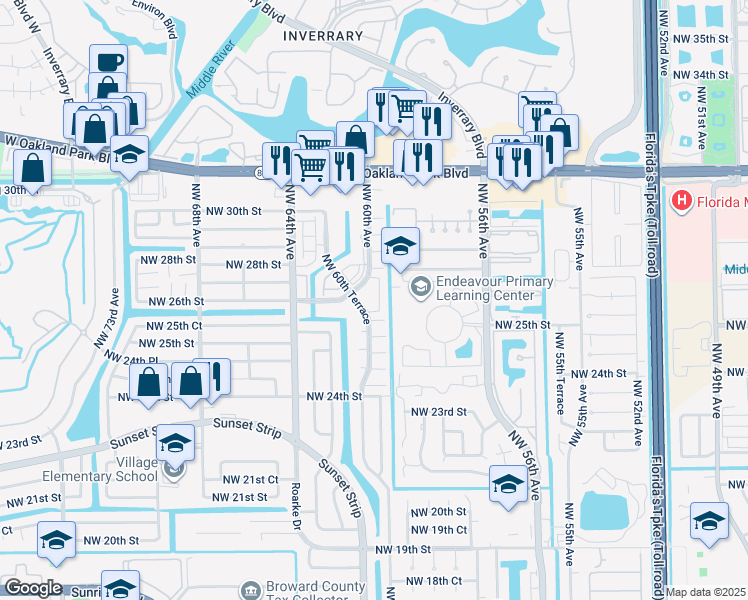 map of restaurants, bars, coffee shops, grocery stores, and more near 2651 Northwest 60th Way in Sunrise