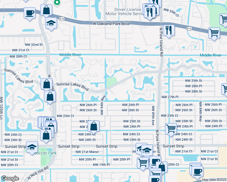 map of restaurants, bars, coffee shops, grocery stores, and more near 9320 Sunrise Lakes Boulevard in Sunrise
