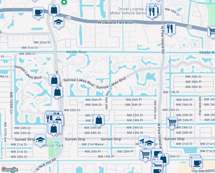 map of restaurants, bars, coffee shops, grocery stores, and more near 9380 Sunrise Lakes Boulevard in Sunrise