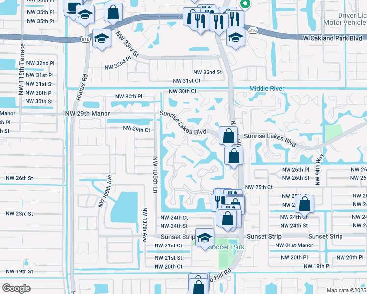 map of restaurants, bars, coffee shops, grocery stores, and more near 2726 Northwest 104th Avenue in Sunrise