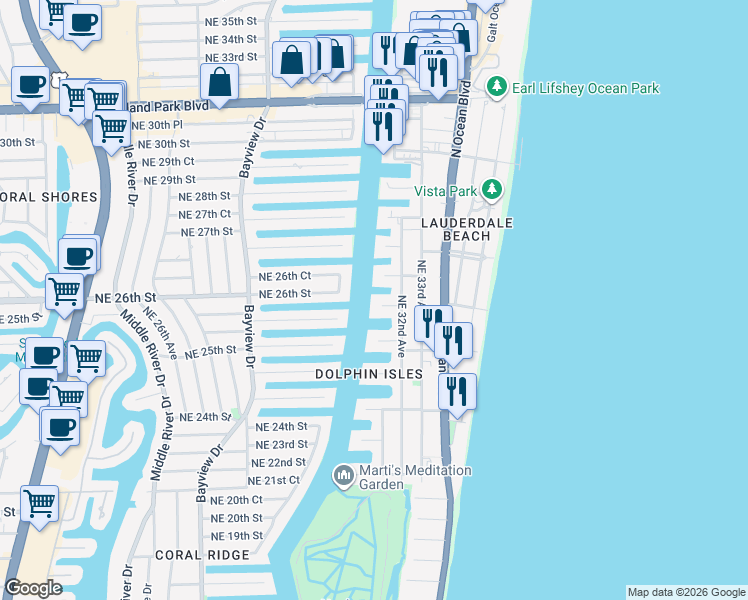 map of restaurants, bars, coffee shops, grocery stores, and more near 3025 Northeast 25th Street in Fort Lauderdale