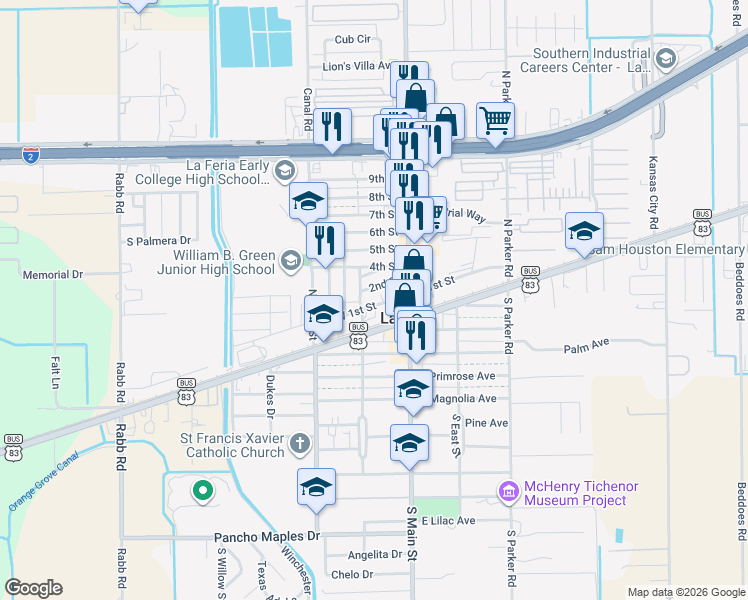 map of restaurants, bars, coffee shops, grocery stores, and more near 208 West 1st Street in La Feria