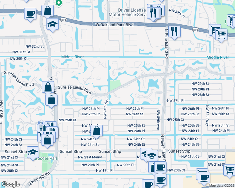 map of restaurants, bars, coffee shops, grocery stores, and more near 9320 Sunrise Lakes Boulevard in Sunrise