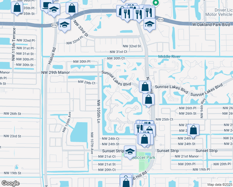 map of restaurants, bars, coffee shops, grocery stores, and more near 2726 Northwest 104th Avenue in Sunrise