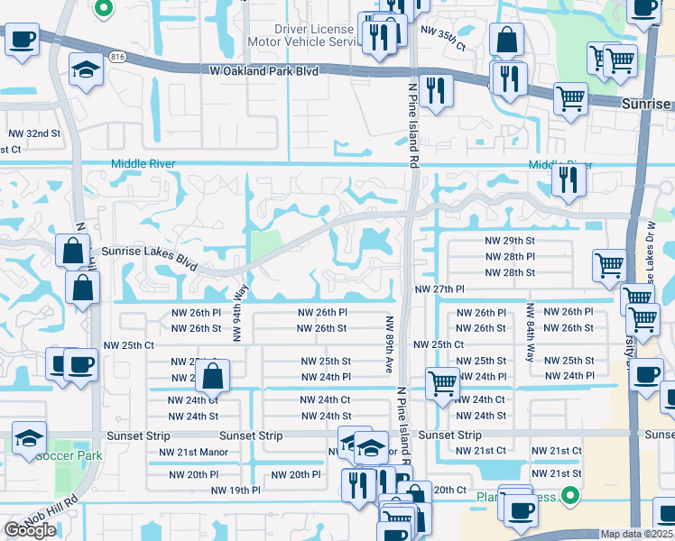 map of restaurants, bars, coffee shops, grocery stores, and more near 2781 North Pine Island Road in Sunrise