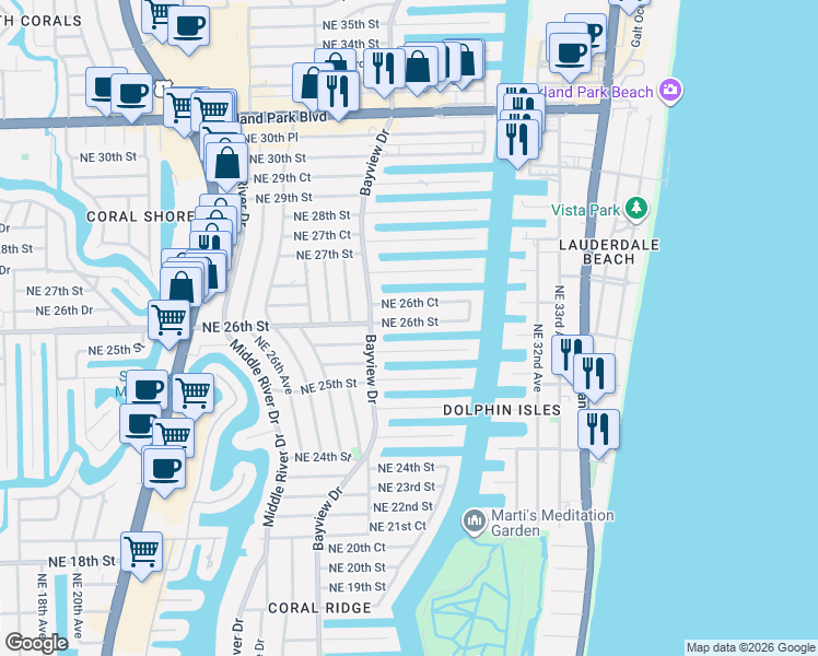 map of restaurants, bars, coffee shops, grocery stores, and more near 2848 Northeast 26th Street in Fort Lauderdale