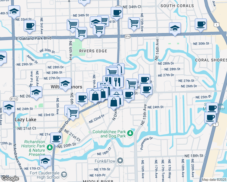 map of restaurants, bars, coffee shops, grocery stores, and more near 2606 Northeast 10th Terrace in Wilton Manors