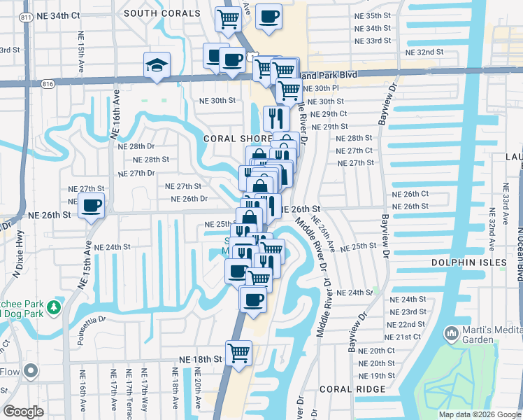map of restaurants, bars, coffee shops, grocery stores, and more near in Fort Lauderdale
