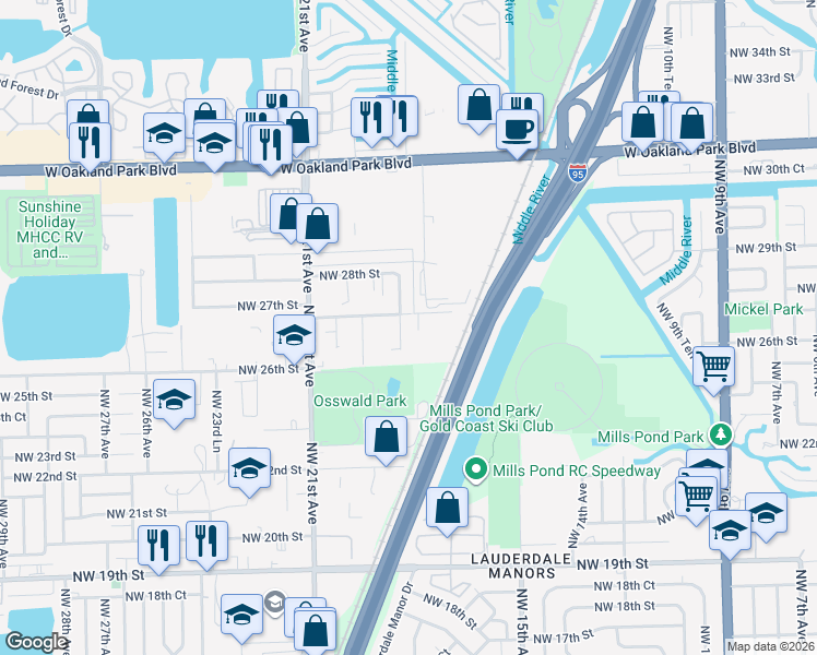 map of restaurants, bars, coffee shops, grocery stores, and more near 1840 Northwest 27th Street in Oakland Park