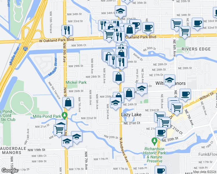 map of restaurants, bars, coffee shops, grocery stores, and more near 2610 Northwest 3rd Avenue in Wilton Manors
