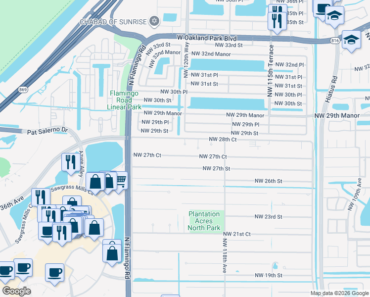 map of restaurants, bars, coffee shops, grocery stores, and more near 2801 Northwest 121st Avenue in Sunrise