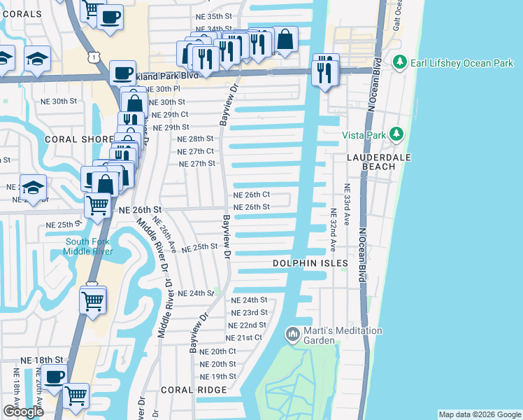 map of restaurants, bars, coffee shops, grocery stores, and more near 2848 Northeast 26th Street in Fort Lauderdale
