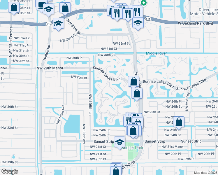 map of restaurants, bars, coffee shops, grocery stores, and more near 2726 Northwest 104th Avenue in Sunrise
