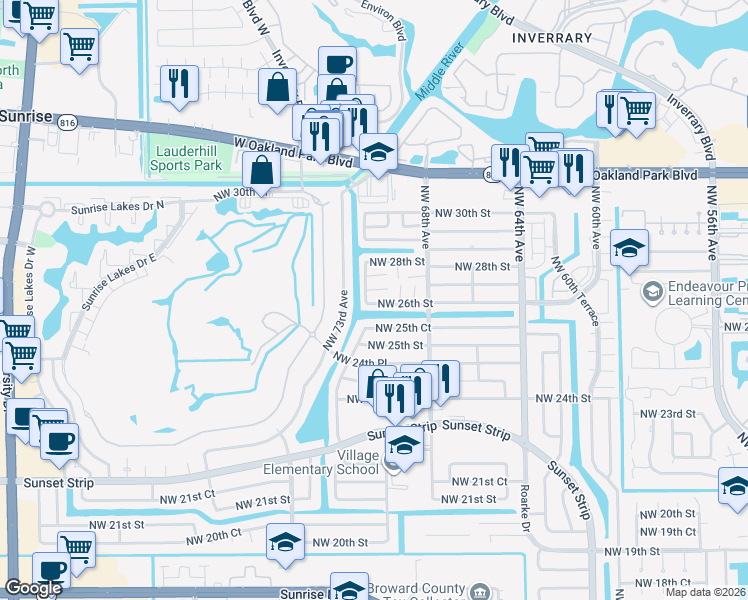 map of restaurants, bars, coffee shops, grocery stores, and more near 6860 Northwest 26th Court in Sunrise