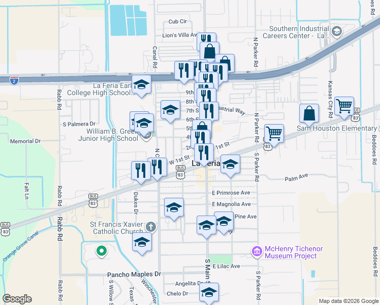 map of restaurants, bars, coffee shops, grocery stores, and more near 208 W 1st St in La Feria