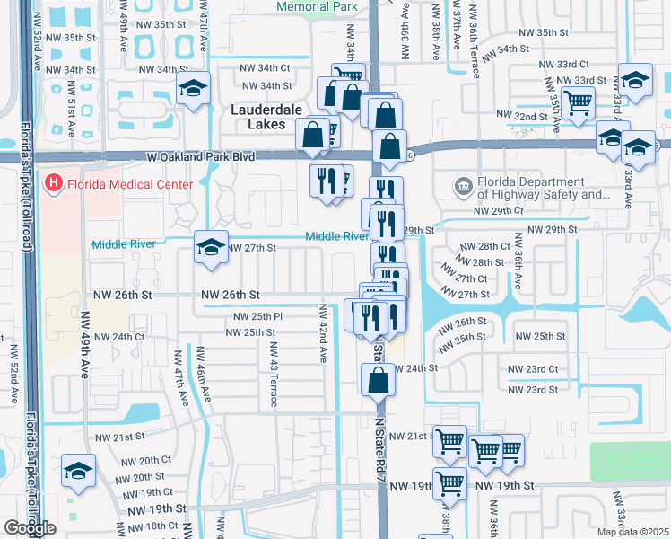 map of restaurants, bars, coffee shops, grocery stores, and more near 4161 Northwest 26th Street in Lauderhill