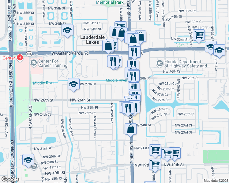 map of restaurants, bars, coffee shops, grocery stores, and more near 4161 Northwest 26th Street in Lauderhill