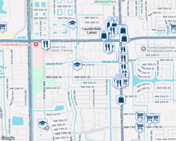 map of restaurants, bars, coffee shops, grocery stores, and more near 2650 Northwest 44th Terrace in Lauderhill