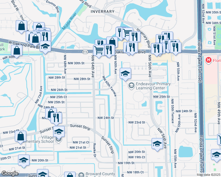 map of restaurants, bars, coffee shops, grocery stores, and more near 6220 Northwest 26th Court in Sunrise