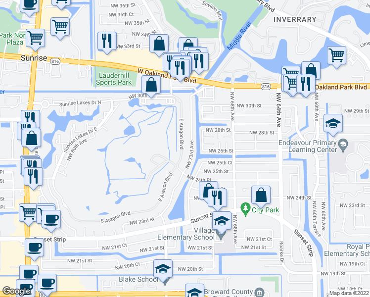 map of restaurants, bars, coffee shops, grocery stores, and more near 2601-6 East Aragon Boulevard in Sunrise