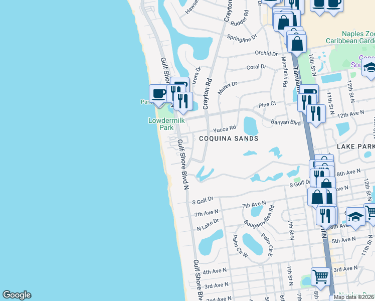map of restaurants, bars, coffee shops, grocery stores, and more near 1100 Gulf Shore Boulevard North in Naples
