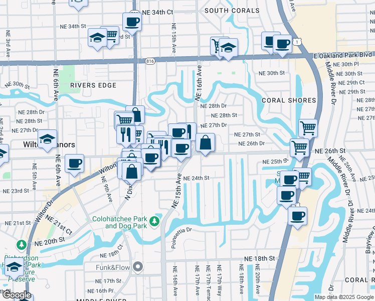 map of restaurants, bars, coffee shops, grocery stores, and more near 1525 Northeast 26th Street in Wilton Manors