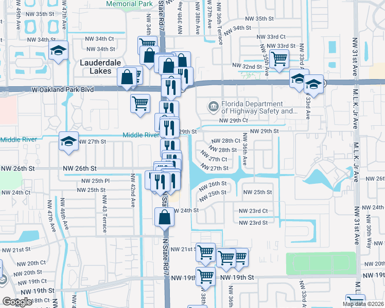 map of restaurants, bars, coffee shops, grocery stores, and more near 2741 Northwest 38th Terrace in Lauderdale Lakes