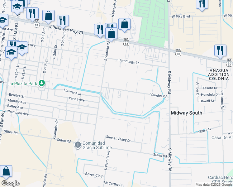 map of restaurants, bars, coffee shops, grocery stores, and more near 3203 Vaughn Road in Donna
