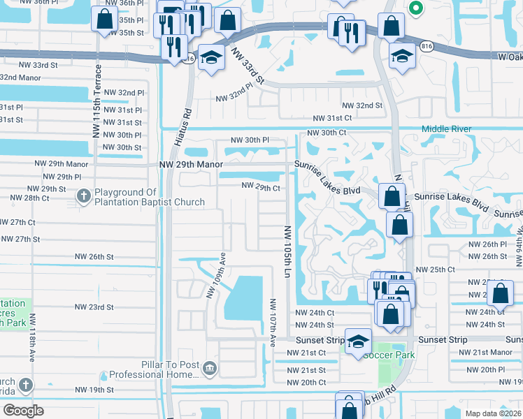 map of restaurants, bars, coffee shops, grocery stores, and more near 10701 Northwest 28th Place in Sunrise