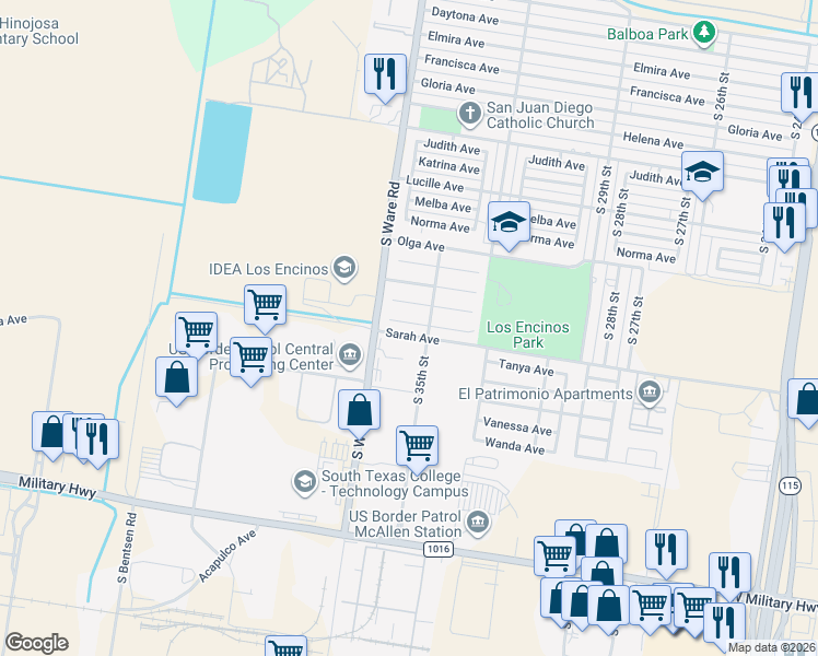 map of restaurants, bars, coffee shops, grocery stores, and more near 3517 Rosalva Avenue in McAllen