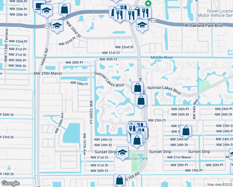 map of restaurants, bars, coffee shops, grocery stores, and more near 10130 Sunrise Lakes Boulevard in Sunrise