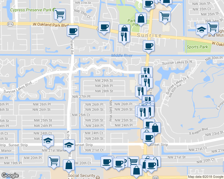 map of restaurants, bars, coffee shops, grocery stores, and more near 8451 Northwest 28th Street in Sunrise
