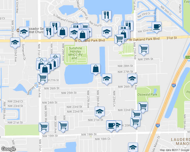 map of restaurants, bars, coffee shops, grocery stores, and more near 2711 Northwest 26th Avenue in Oakland Park