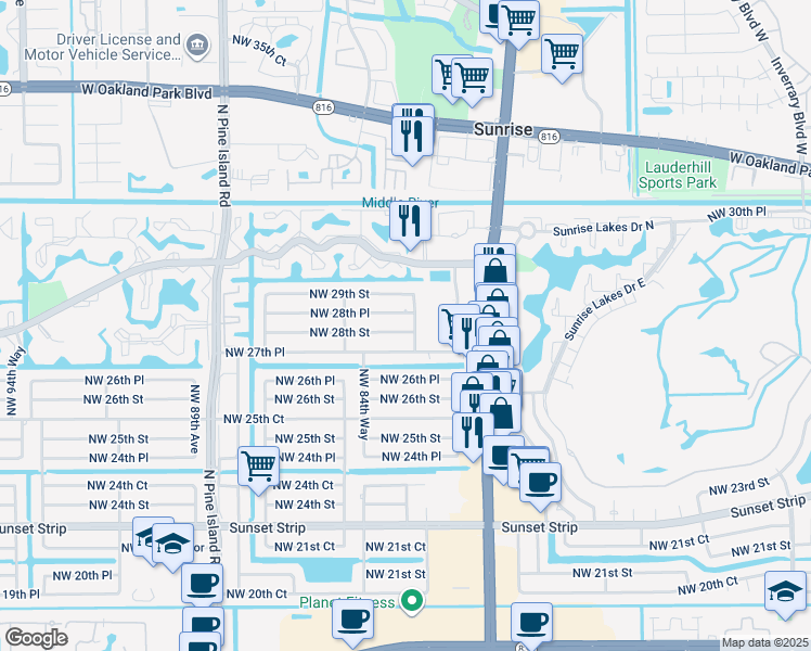 map of restaurants, bars, coffee shops, grocery stores, and more near 8371 Northwest 28th Street in Sunrise