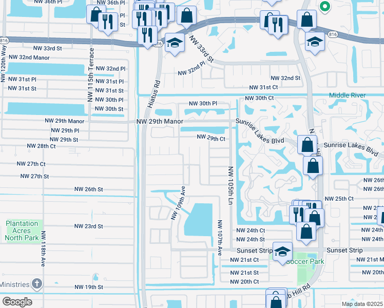 map of restaurants, bars, coffee shops, grocery stores, and more near 2804 Northwest 108th Terrace in Sunrise