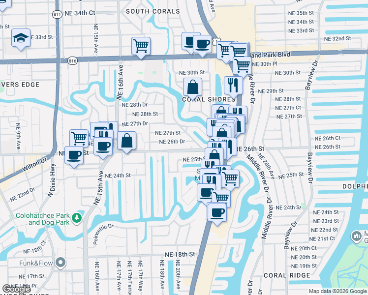 map of restaurants, bars, coffee shops, grocery stores, and more near 1933 Northeast 26th Street in Wilton Manors