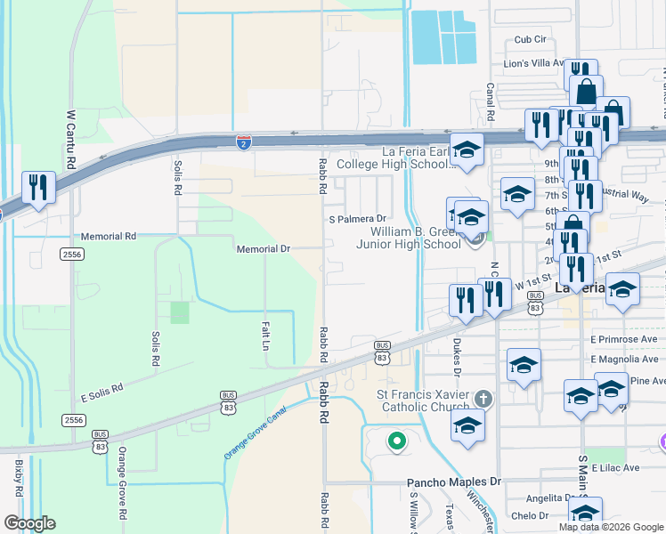 map of restaurants, bars, coffee shops, grocery stores, and more near 27469 Rabb Rd in La Feria