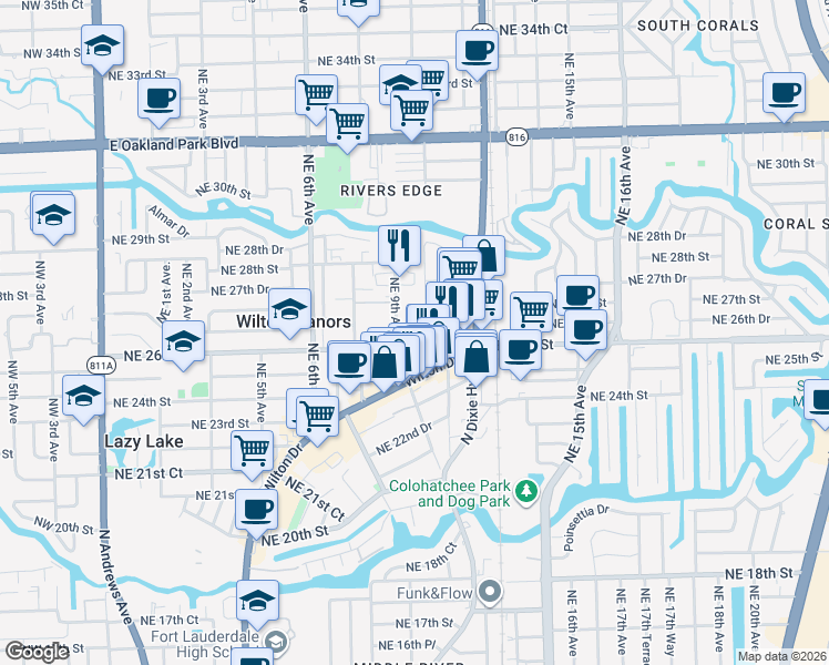 map of restaurants, bars, coffee shops, grocery stores, and more near 2616 Northeast 9th Terrace in Wilton Manors