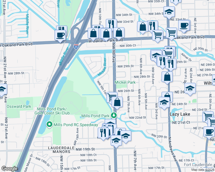 map of restaurants, bars, coffee shops, grocery stores, and more near 2633 Northwest 9th Lane in Wilton Manors