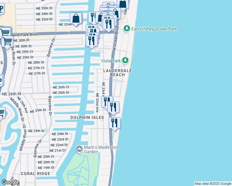 map of restaurants, bars, coffee shops, grocery stores, and more near 2515 North Atlantic Boulevard in Fort Lauderdale